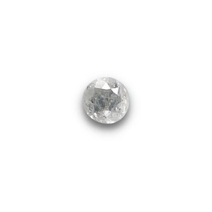 May include: A round, white, faceted gemstone with a slightly cloudy appearance.