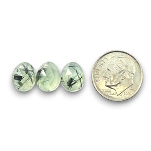 Tourmalinated prehnite rose cut cabochon stones.  Three gemstone cabochons size 9.5 - 11 mm pictured next to a dime for size reference.