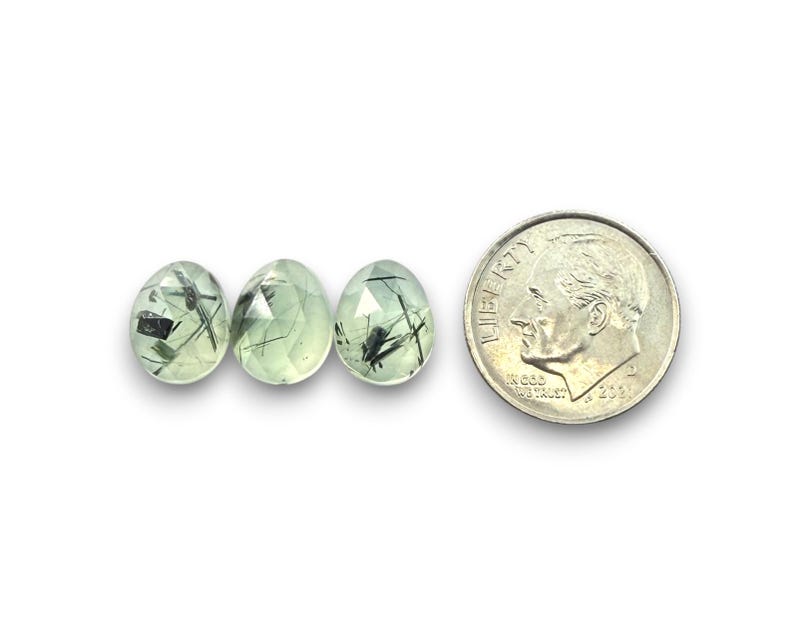 Tourmalinated prehnite rose cut cabochon stones.  Three gemstone cabochons size 9.5 - 11 mm pictured next to a dime for size reference.