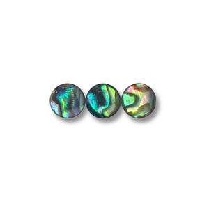 May include: Three round iridescent abalone shell beads with a blue, green, and gold color pattern.