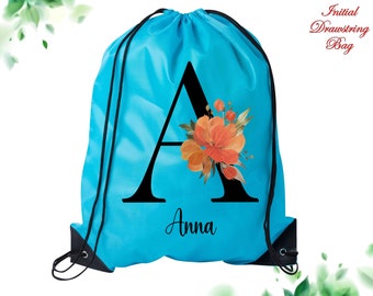 Bolsa inicial con estampado floral, nombre personalizado, bolsa con cordón, cordón personalizado, fiesta nupcial personalizada, bolsa con cordón, regalo para su regalo de boda