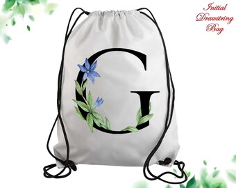 Bolsa inicial con estampado floral, nombre personalizado, bolsa con cordón, cordón personalizado, fiesta nupcial personalizada, bolsa con cordón, regalo para su regalo de boda