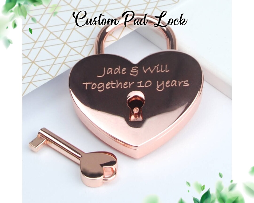 Personalized Engraved Padlock With Key, Two Hears Locked in Love Lock