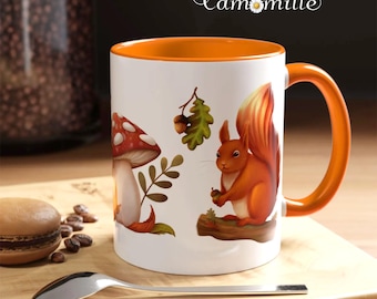 Autumn mug, forest animals, fox, squirrel, mushroom, white/orange color, 33cl 11oz for coffee, herbal tea, Gift for Fall Nature Lovers