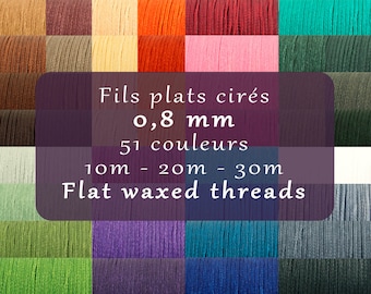 Flat waxed threads 0.8 mm soft for micro macramé, bookbinding, leather sewing - 10m, 20m, 30m - 51 Colors - 150D Polyester braided cords