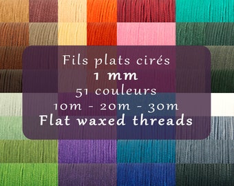 Fils plats cirés 1 mm souples pour micro macramé, reliure, couture du cuir - 10m, 20m, 30m - 51 Couleurs - Cordons tressés Polyester 210D