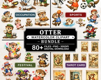 80+ PNG Otter Watercolor Clipart Bundle, Cute Animal Illustration Set, Transparent Background, Digital Download