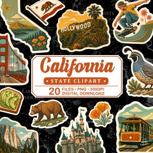 May include: A collection of California-themed clipart stickers featuring iconic landmarks like the Golden Gate Bridge, Hollywood sign, and a bear. The stickers are in a vintage style with a black background and the text "California State Clipart".