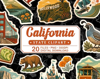 California Vintage Travel Clipart, Golden State PNG Bundle, Bear Flag, Map, Beach, West Coast Retro Illustration Set