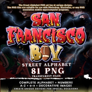 San Francisco Boy Graffiti Street Alphabet Font, 81 PNG Transparent, Pakiet clipartów A-Z i 0-9, Motyw futbolu amerykańskiego, Pobieranie cyfrowe