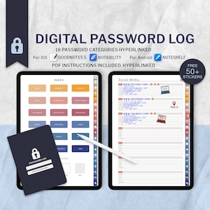 Digital Password Log, Password Logbook Keeper, Password Tracker, Digital Notebook Journal, Goodnotes Android iPad Planner, Hyperlinked Tabs
