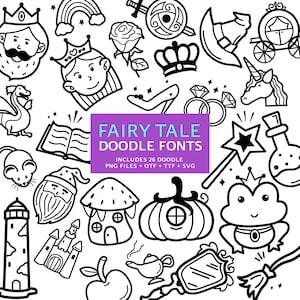Polices de Doodle de conte de fées, fichier instantané otf, téléchargement de polices ttf, lot de polices numériques, 26 polices png, pack de cliparts magique de conte de fées, clipart de A à Z