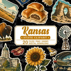 Puede incluir: Un conjunto de gráficos de descarga digital con imágenes prediseñadas con el tema de Kansas. La colección incluye ilustraciones de un girasol, un bisonte, un molino de viento, un edificio del capitolio estatal y otros símbolos icónicos de Kansas. El texto dice "Kansas State Clipart".