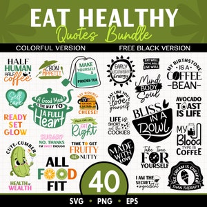 Pacote SVG de citações sobre alimentação saudável, versão colorida e preta, PNG inspirador, palavra de produtividade, designs de sublimação, downloads digitais