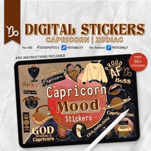 Stickers numériques humeur Capricorne, 50 PNG signes du zodiaque drôles, pack d'autocollants pré-recadrés astrologie planificateur, horoscope 21 décembre-20 janvier
