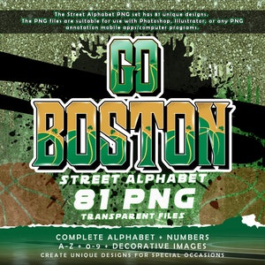 Czcionka Go Boston Graffiti Street Alphabet, 81 przezroczystych plików PNG, pakiet clipartów A-Z i 0-9, motyw amerykańskiej koszykówki, cyfrowe pobieranie