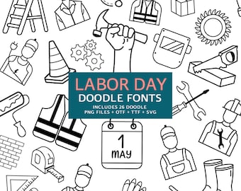 Labor Day Doodle Fonts, Instant File otf, ttf Font Download, Workers Day Digital Font Bundle, 26 png Fonts, Clipart Pack, A-Z Clip Art Set