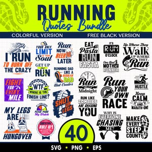 Hardloopcitaten SVG-bundel, kleurrijke en zwarte versie, 40 png voor training, marathon voor sublimatie, loper, oefening, digitale downloads