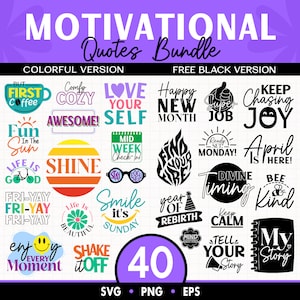 Paquete SVG de citas motivacionales, versión colorida y negra, PNG inspirador, calcomanía positiva, diseños de sublimación, descargas digitales