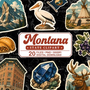 Può includere: Una collezione di adesivi clipart a tema Montana. Include illustrazioni di un pellicano, montagne, una bandiera, teepee, un edificio, una gemma, un alce e cibo. L'adesivo centrale recita "Montana State Clipart".