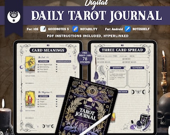 May include: A digital daily tarot journal with a purple and gold design. The journal includes a three-card spread, card meanings, and space for reflections and reversals. The journal is compatible with Goodnotes 5, Notability, and Noteshelf.