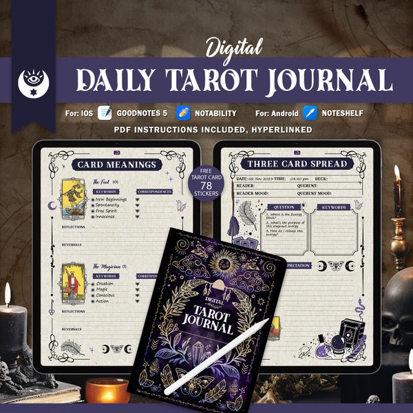 Digital Daily Tarot Journal Log, One Card Daily Tracker, 78 Tarot Card Digital Stickers, Tarot Journal Logbook, Digital Notebook or Planner