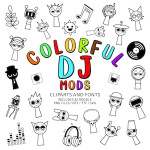 Buntes Doodle DJ Mods, Beats Gaming 82 Cliparts, Gamer Geburtstag Font Bundle, SVG Charaktere, Instant File otf, ttf, digital heruntergeladen