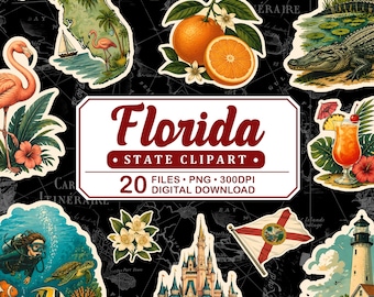 Florida Vintage Travel Clipart, Florida Keys, Lighthouse, Cape Canaveral, Miami Retro Travel PNG Set