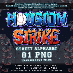 Houston Strike Graffiti Street Alphabet Schrift, 81 transparente PNG Dateien, Clipart Pack A-Z und 0-9, Baseball Schriftdesign, Digital-Downloads