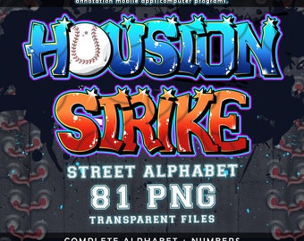 Houston Strike Graffiti Street Alphabet Font, 81 PNG Transparent Files, Clipart Pack A-Z and 0-9, Baseball Font Theme, Digitally-Downloads