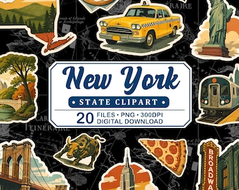 New York Vintage Travel Clipart, Empire State Building, Times Square, Central Park, Skyline Retro PNG Bundle