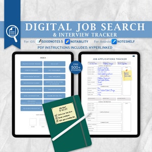 May include: A digital job search and interview tracker for GoodNotes 5 and Notability on iOS and Noteshelf on Android. The tracker includes sections for job applications, company research, interview planning, and more. It also includes a free to-do list and 500+ stickers.