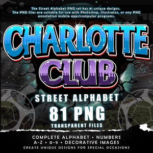 Fuente del alfabeto callejero Charlotte Club Graffiti, 81 archivos PNG transparentes, paquete de imágenes prediseñadas A-Z y 0-9, temática de fútbol americano, descargas digitales