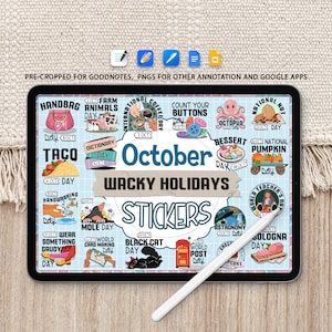 Pegatina de vacaciones extravagantes de octubre, más de 25 pegatinas divertidas de concienciación para planificador digital, pegatina precortada de Goodnotes Notability para iPad y Android