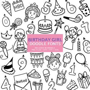 Anniversaire fille Doodle polices, fichier instantané otf, téléchargement de polices ttf, lot de polices thème joyeux anniversaire, 36 polices png, clipart pack, clipart de A à Z