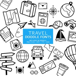 Polices de voyage Doodle, fichier instantané otf, téléchargement de polices ttf, lot de polices numériques, 26 polices png, pack de cliparts de voyage, ensemble de cliparts de A à Z, vacances