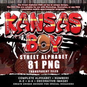 Font dell'alfabeto Kansas Boy Graffiti Street, 81 file PNG trasparenti, pacchetto clipart dalla A alla Z e da 0 a 9, font del football americano, download digitali