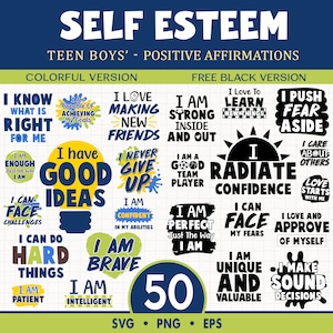 Selbstwertgefühl-Zitate für Teenager Jungen, SVG-Bundle, bunte und schwarze Version, positive Affirmationen Png für Schüler, Digital-Downloads