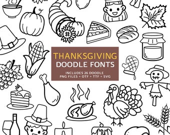 Thanksgiving Doodle Font Bundle: 26 PNG Clipart (OTF, TTF Digital Download)