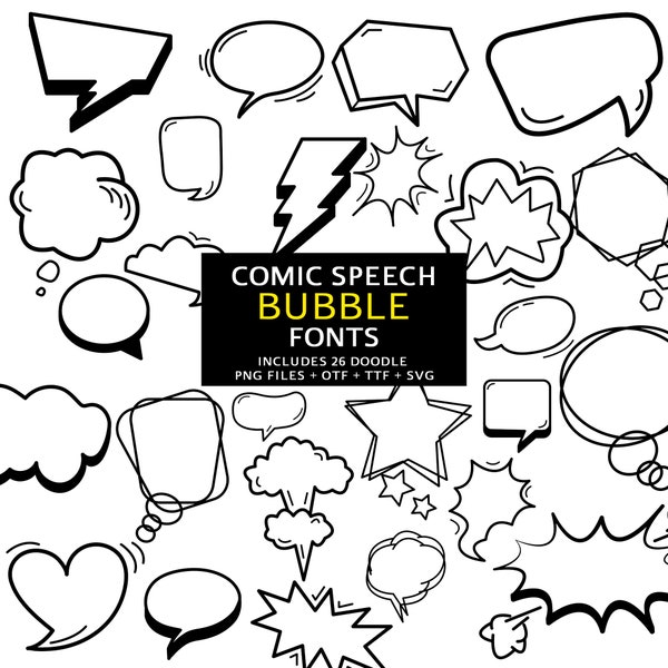 Comic Speech Bubble Font, Instant File otf, ttf Font Download, Digital Comic Font Bundle, 26 png Fonts, Comic Clipart Pack, A-Z Clip Art Set