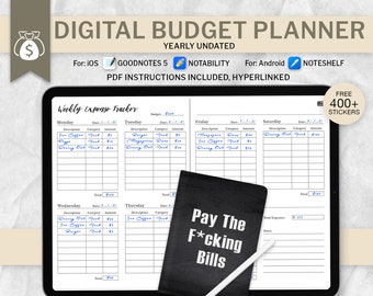 May include: A digital budget planner on a tablet screen with a black notebook that says "Pay The F*cking Bills". The planner is divided into sections for each day of the week, with columns for description, category, and amount. The planner is designed for use with GoodNotes 5 and Notability apps on iOS and Noteshelf app on Android. It includes free 400+ stickers.