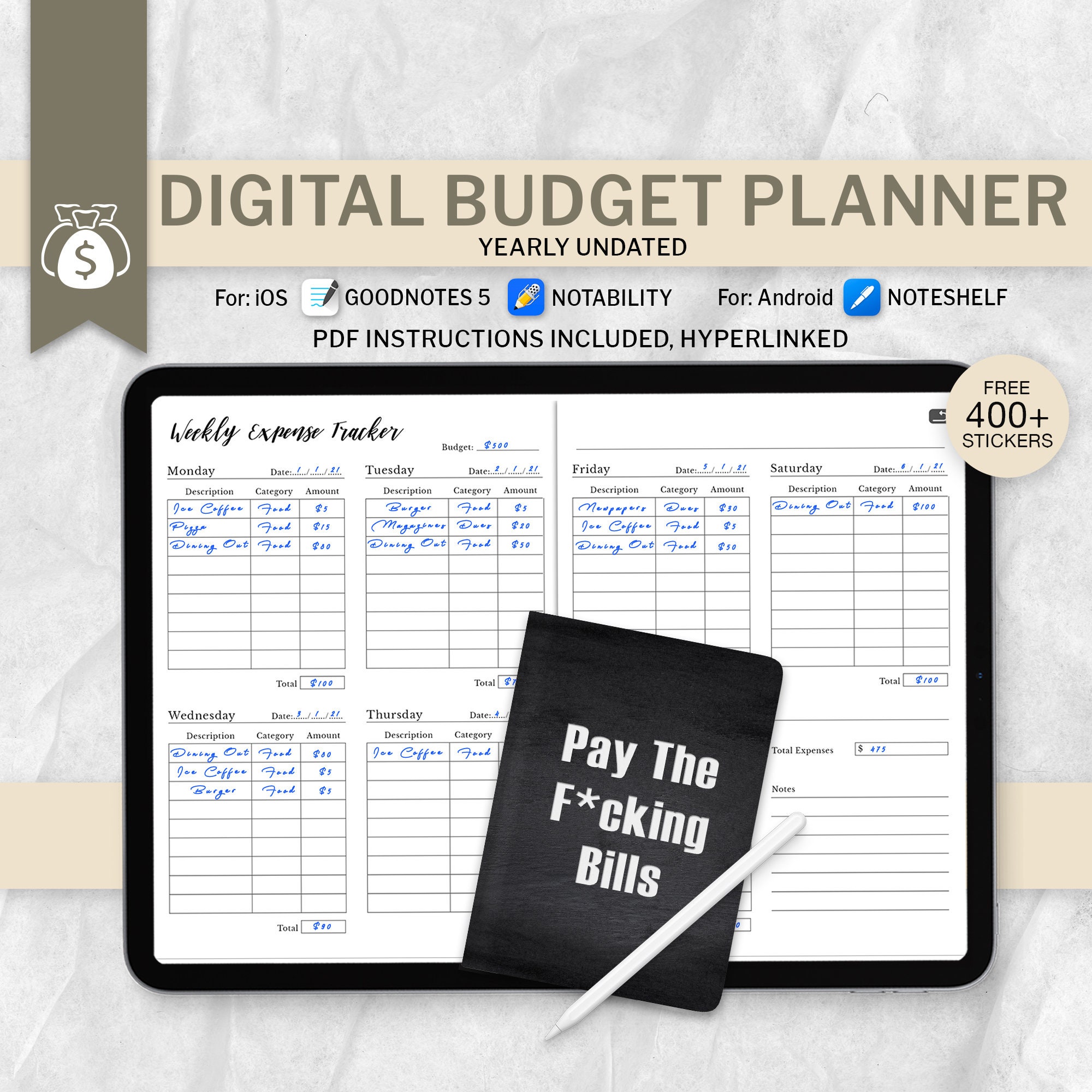 Digital Budget Planner Financial Log Finance Logbook Bill Etsy
