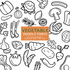 Légumes Doodle polices, fichier instantané otf, téléchargement de polices ttf, lot de polices numériques, 26 polices png, pack de cliparts végétariens, ensemble de cliparts de A à Z