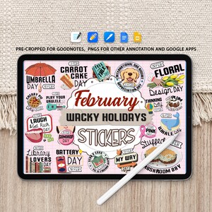Pegatina de vacaciones extravagantes de febrero, más de 25 pegatinas divertidas de concienciación para planificadores digitales, pegatinas precortadas de Goodnotes Notability para iPad y Android