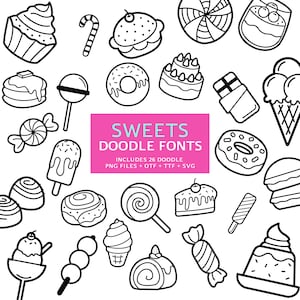 Polices de griffonnage de bonbons, fichier instantané otf, téléchargement de polices ttf, lot de polices de caractères numériques, 26 polices png, pack de cliparts bonbons, ensemble de cliparts de A à Z, bonbons