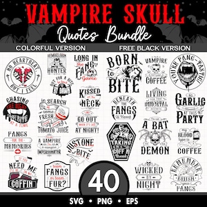 Vampire Skull Quotes SVG-bundel, kleurrijke en zwarte versie, Halloween Png, Bat Demon voor sublimatie, bloedzuigers, digitaal-downloads