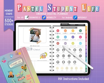 Pastel Student Life Digital Planner: Undated, Hyperlinked (PDF)
