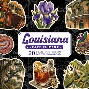 Könnte beinhalten: Eine digitale Sammlung von Louisiana-Cliparts mit einem Musiker mit Akkordeon, einer violetten Iris, einem historischen Gebäude, einer Maske, einer Geode, einem moosigen Baum, einem Cocktail und einem Frosch, mit dem Text Louisiana STATE CLIPART.