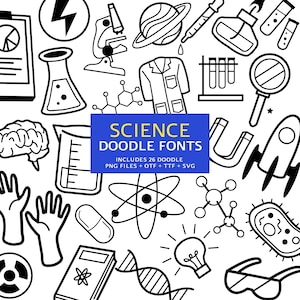 Fonte Science Doodle, arquivo instantâneo OTF, download de fonte TTF, pacote de fontes digitais, 26 fontes PNG, pacote de clipart de química e física, conjunto de clipart de A a Z