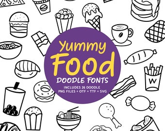 Yummy Food Doodle Fonts, Instant File otf, ttf Font Download, Digital Font Bundle, Food 26 png Fonts, Clipart Pack, A-Z Clip Art Set